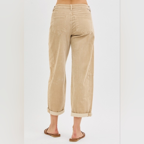 Risen High Rise Corduroy Barrel Jeans Tan Neutral Cuffed Ankle Crop Various NEW - Picture 5 of 6